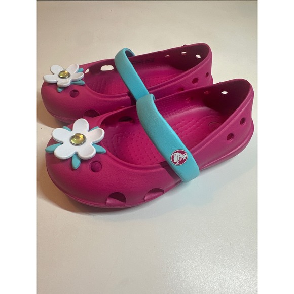 Crocs Mary Jane‎ Flower Accent Shoes Girls Pink Blue Casual Toddler Size 6 - Picture 3 of 5